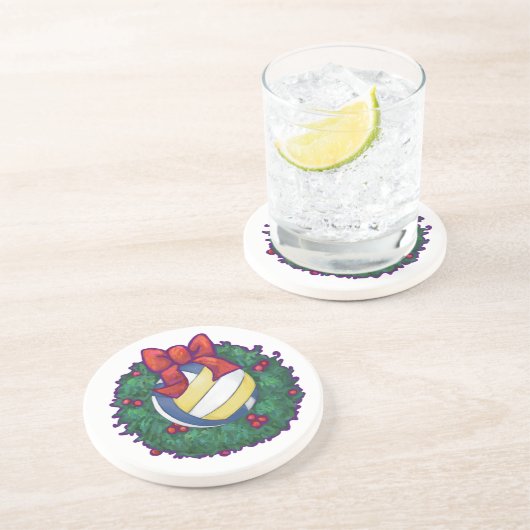 Volleyball Kerstbal Zandsteen Onderzetter (Zijkant)