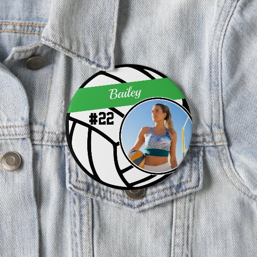Volleyball Pin Name & Number Green Photo Button (In situ)