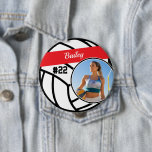 Volleyball Pin Name & Number Photo Red Button<br><div class="desc">This design features a volleyball background with space for a name, number and photo. Click the customize button for more flexibility in adjusting the text! Variations of this design, other sports, as well as coordinating products are available in our shop, zazzle.com/store/doodlelulu. Contact us if you need this design applied to...</div>