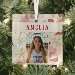 Volleyball Santa Hat Name Photo Christmas   Glas Ornament