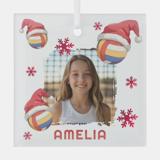 Volleyball Santa Hat Name Photo Christmas  Glas Ornament (Voorkant)