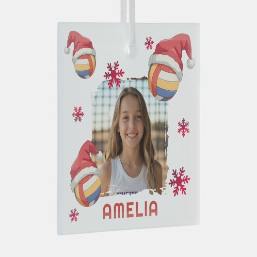 Volleyball Santa Hat Name Photo Christmas  Glas Ornament (Voorkant Rechts)