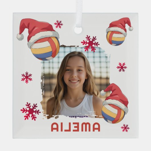 Volleyball Santa Hat Name Photo Christmas  Glas Ornament (Achterkant)