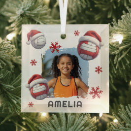 Volleyball Santa Hat Name Photo Christmas  Glas Ornament