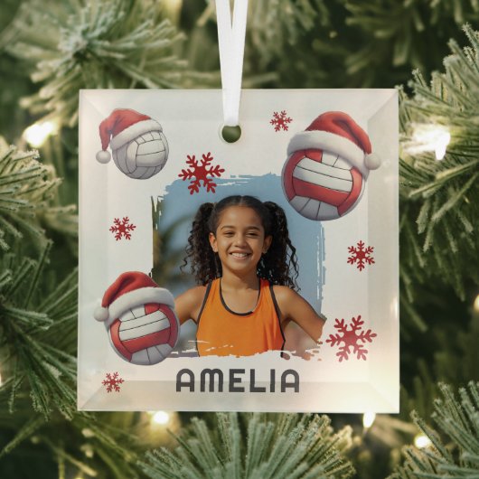 Volleyball Santa Hat Name Photo Christmas  Glas Ornament (Insitu)