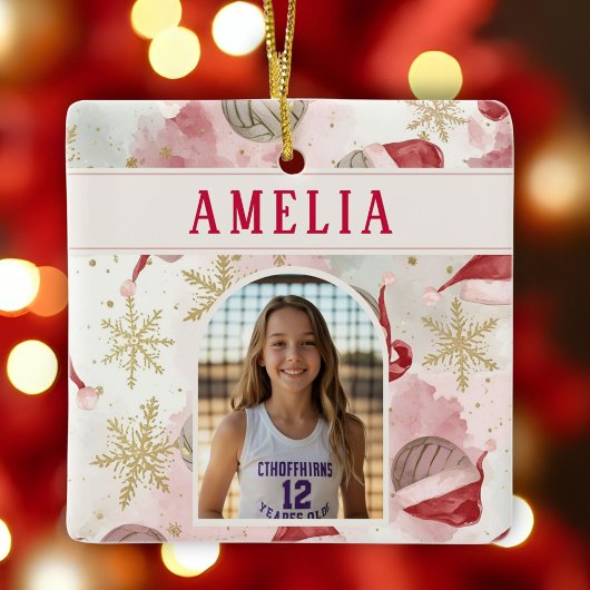 Volleyball Santa Hat Name Photo Christmas   Keramisch Ornament
