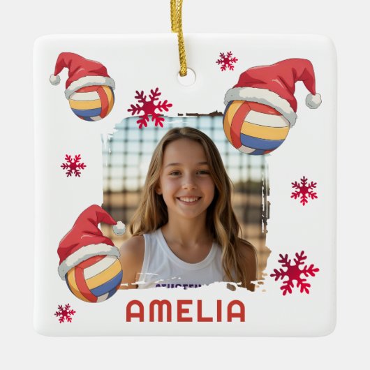 Volleyball Santa Hat Name Photo Christmas  Keramisch Ornament (Voorkant)