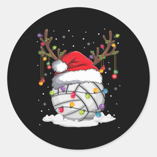 Volleyball Santa Hat Reindeer kerstlampje Fun Ronde Sticker (Voorkant)