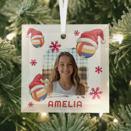 Volleyball Santa-hoed Naam Foto Kerstmis  Glas Ornament
