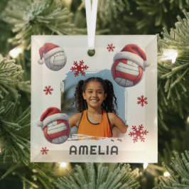 Volleyball Santa-hoed Naam Foto Kerstmis  Glas Ornament
