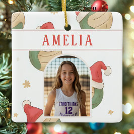 Volleyball Santa-hoed Naam Foto Kerstmis   Keramisch Ornament