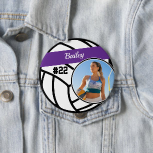Volleyball Speld Naam & Nummer Paars Foto Knop Ronde Button 4,0 Cm