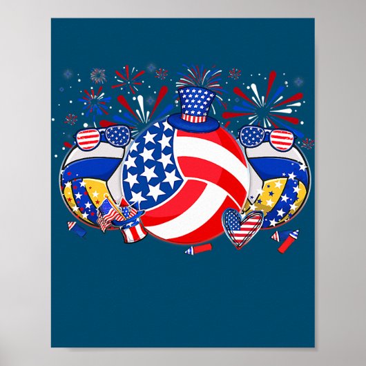 Volleyball USA Flag Hat Fireworks Patriotic 4th Poster (Voorkant)