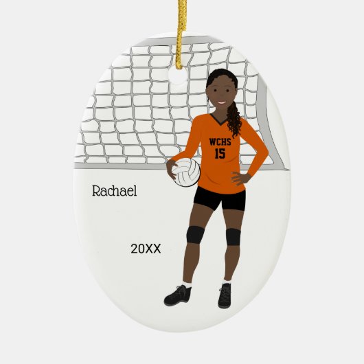 Volleyball Vrouw Black Hair Oranje & Black Keramisch Ornament (Voorkant)