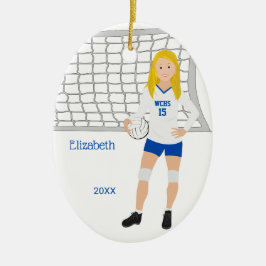 Volleyball Vrouw Blonde Blue & White Keramisch Ornament