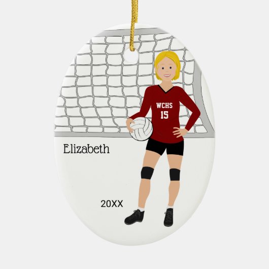 Volleyball Vrouw Blonde Hair Red & Black Keramisch Ornament (Voorkant)