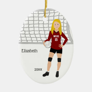 Volleyball Vrouw Blonde Red & Black Keramisch Ornament