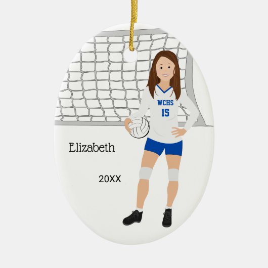 Volleyball Vrouw Brunette Blue & White Keramisch Ornament (Voorkant)