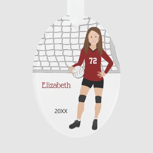 Volleyball Vrouw Brunette in rood en zwart Ornament (voorkant)