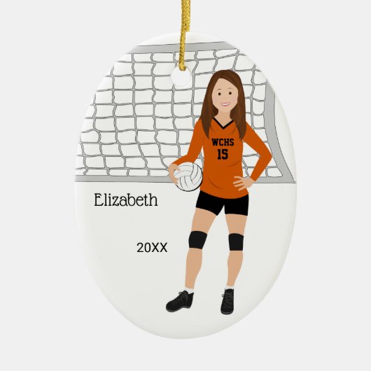 Volleyball Vrouw Brunette Oranje & Black Keramisch Ornament (Voorkant)