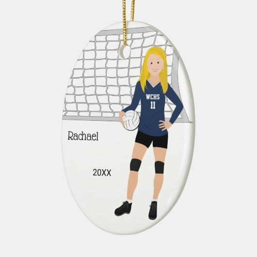 Volleyball Vrouw londe haar in donkerblauw en zwar Keramisch Ornament (Links)
