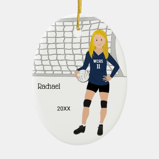 Volleyball Vrouw londe haar in donkerblauw en zwar Keramisch Ornament (Voorkant)