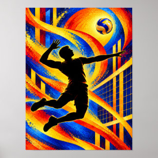 Volleyballspeler springt voor een spike silhouet poster