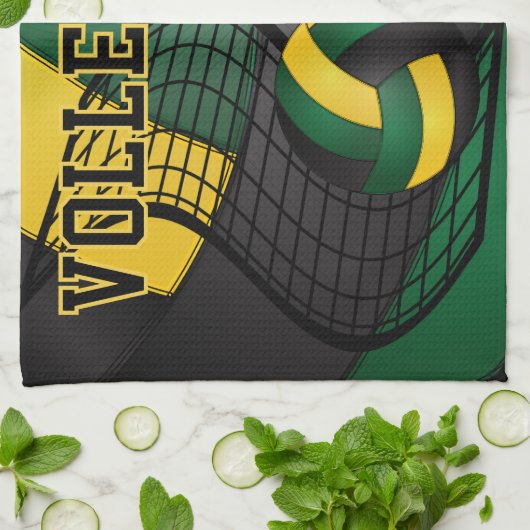 Volleybalontwerp - Groen, Gold, zwarte handdoek (Gevouwen)