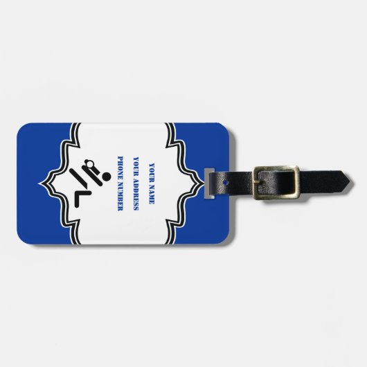 Volleybalspeler zwart, wit, blauw pictogram aangep bagagelabel (Voorkant horizontaal)