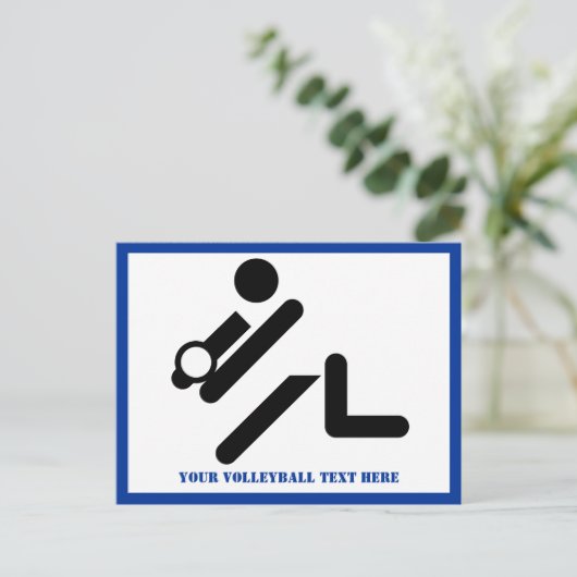Volleybalspeler zwart, wit, blauw pictogram aangep briefkaart (Staand voorkant)