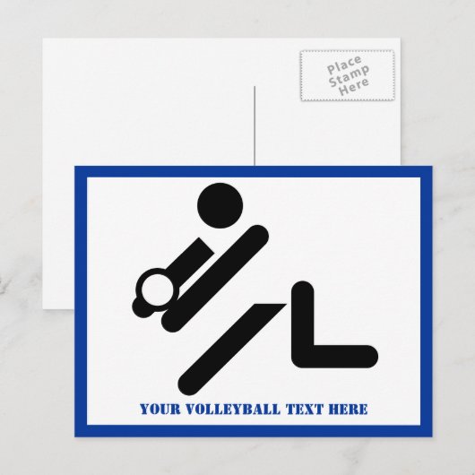 Volleybalspeler zwart, wit, blauw pictogram aangep briefkaart (Voorkant / Achterkant)