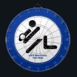 Volleybalspeler zwart, wit, blauw pictogram aangep dartbord<br><div class="desc">Volleybalspeler zwart, blauw aangepast cadeauontwerp met een minimalistisch pictogram van een zwarte silhouette volley speler met bal en jouw tekst op witte achtergrond met blauwe rand. Dit coole ontwerp is een sjabloon die volledig aanpasbaar is. Pas het aan en verander tekst met monogram, naam of bericht. Het moderne, minimalistische ontwerp...</div>