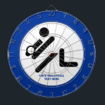 Volleybalspeler zwart, wit, blauw pictogram aangep dartbord<br><div class="desc">Volleybalspeler zwart, blauw aangepast cadeauontwerp met een minimalistisch pictogram van een zwarte silhouette volley speler met bal en jouw tekst op witte achtergrond met blauwe rand. Dit coole ontwerp is een sjabloon die volledig aanpasbaar is. Pas het aan en verander tekst met monogram, naam of bericht. Het moderne, minimalistische ontwerp...</div>