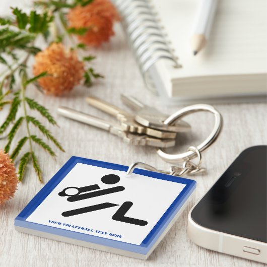 Volleybalspeler zwart, wit, blauw pictogram aangep sleutelhanger (Voorkant Rechts)