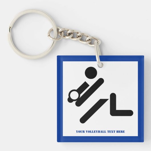 Volleybalspeler zwart, wit, blauw pictogram aangep sleutelhanger (voorkant)