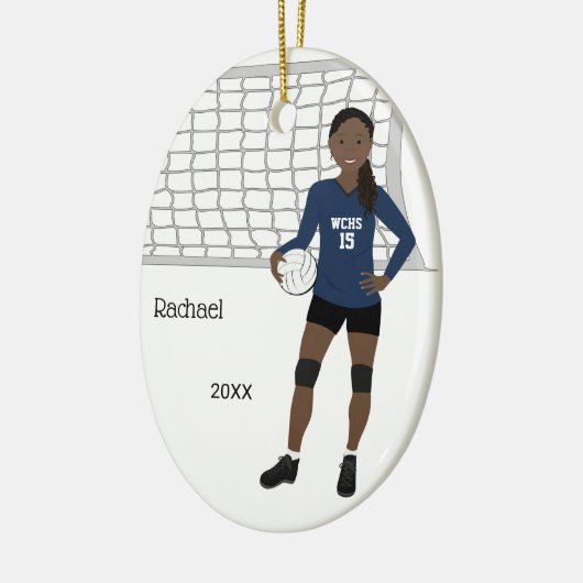 Volleybalzwart Vrouw zwart haar in donkerblauw en  Keramisch Ornament (Links)
