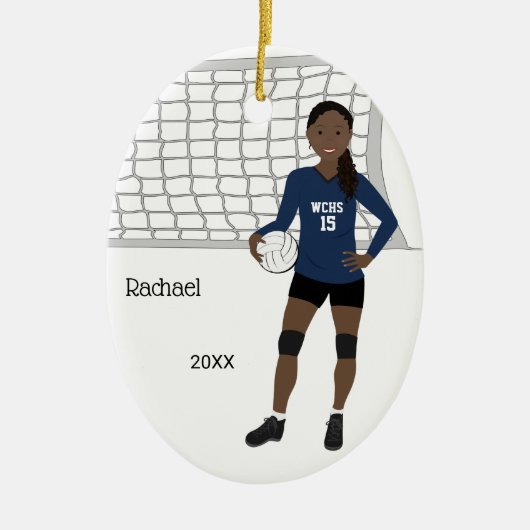 Volleybalzwart Vrouw zwart haar in donkerblauw en Keramisch Ornament (Voorkant)