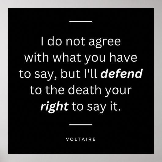 Voltaire citaat over de verdediging van de vrijhei poster (Voorkant)