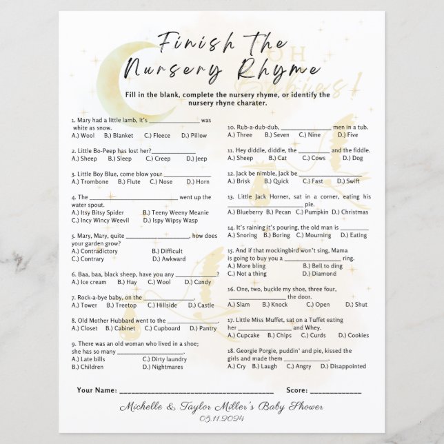 Voltooi de Nursery Rhyme Baby shower Game (Voorkant)
