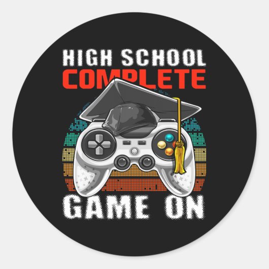 Voltooide middelbare school videogame afstudeerges ronde sticker (Voorkant)