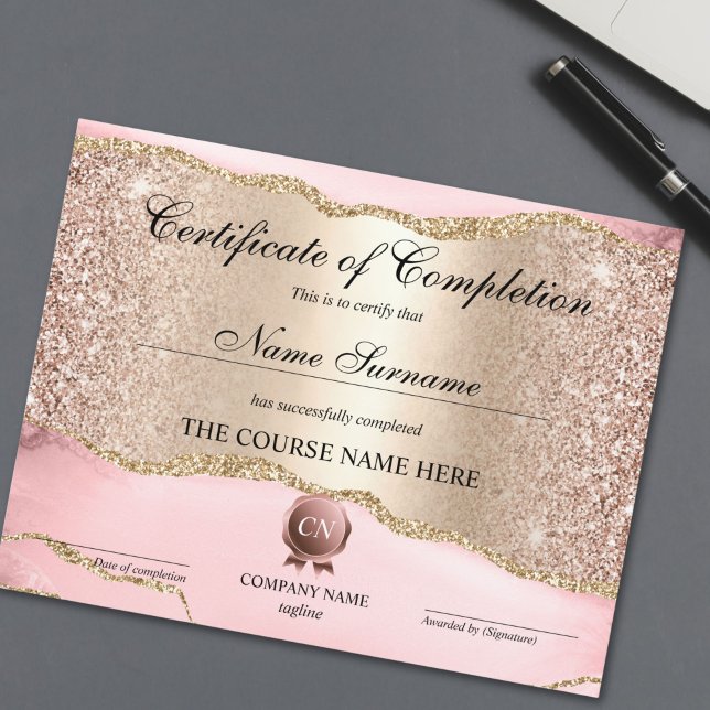 Voltooiingscertificaat voor de gunningscursus Volt (rose gold and gold blush pink agate certificate of completion)