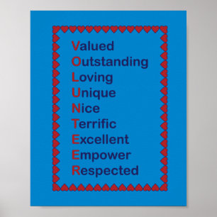 Volunteer Blue en Red Typography Hearts Poster