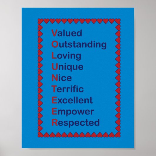 Volunteer Blue en Red Typography Hearts Poster (Voorkant)