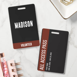 Volunteernaam All Access Pass-evenement rood & zwa Badge