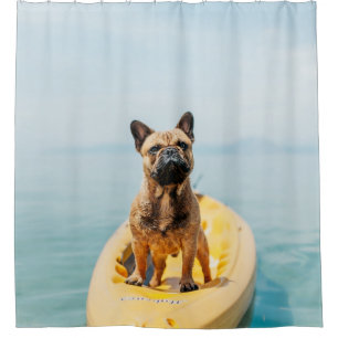 Volwassen bruine Franse bulldog op kayak Douchegordijn