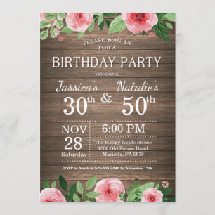 Volwassen Floral Rustic Joint Birthday Party Kaart