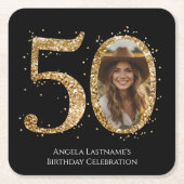 Volwassen Gouden Glitter 50e Verjaardag Foto Kartonnen Onderzetters (Voorkant)