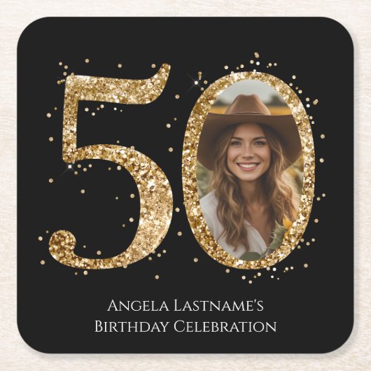 Volwassen Gouden Glitter 50e Verjaardag Foto Kartonnen Onderzetters (Voorkant)