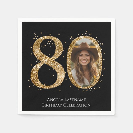 Volwassen Gouden Glitter 80e Verjaardag Foto Servet (Voorkant)