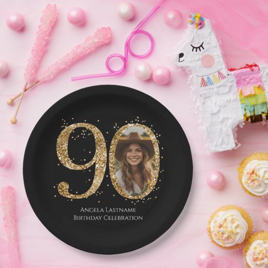 Volwassen Gouden Glitter 90e Verjaardag Foto Papieren Bordje (Feest)